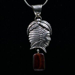 Vintage Bernice Begay Sterling Silver/Spiny Red Oyster Indian Chief Pendant.